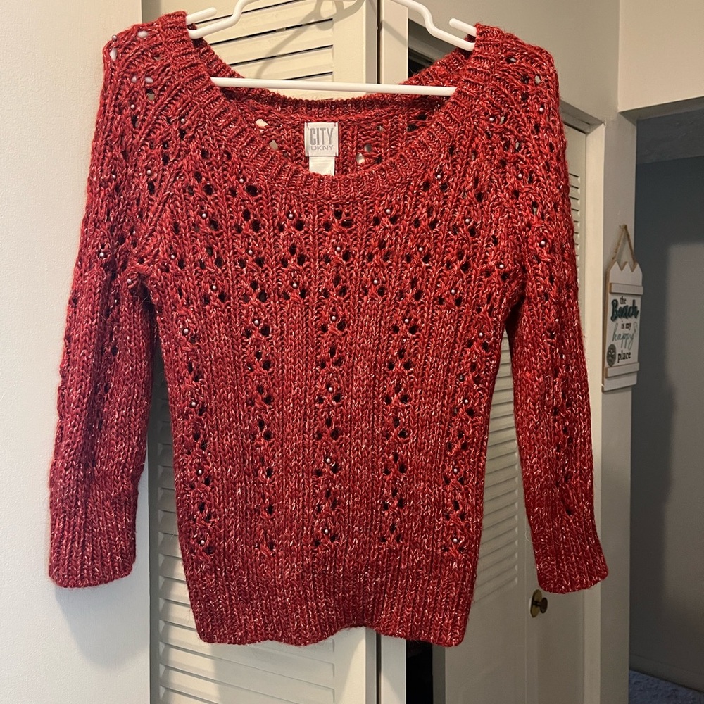 DKNY City Beaded Cable-Knit Red Sweater, Size Large - Picture 2 of 7